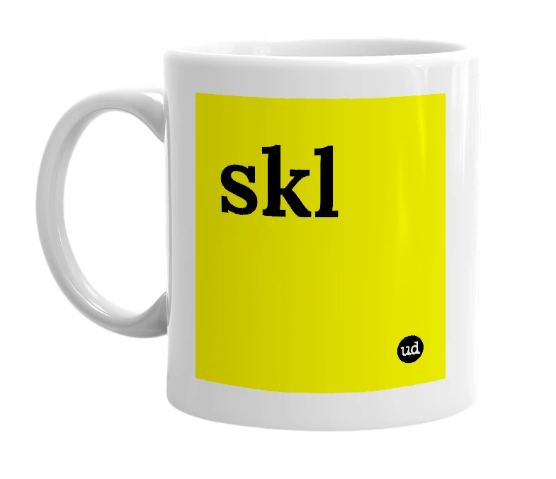 White mug with 'skl' in bold black letters