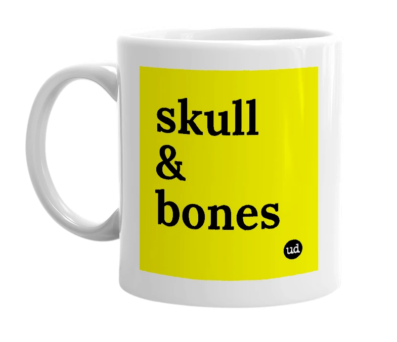 White mug with 'skull & bones' in bold black letters