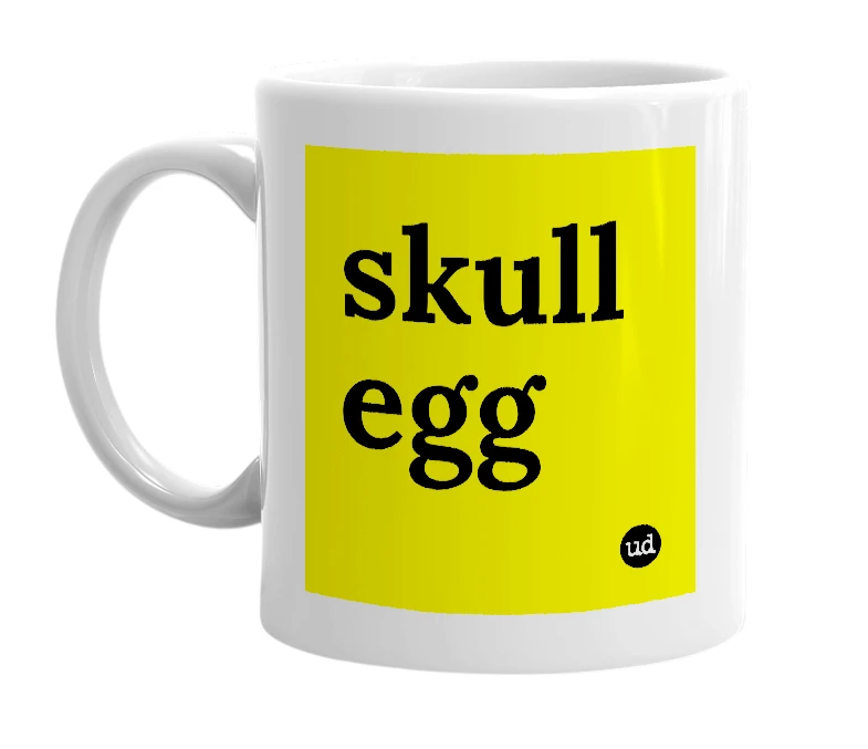 White mug with 'skull egg' in bold black letters