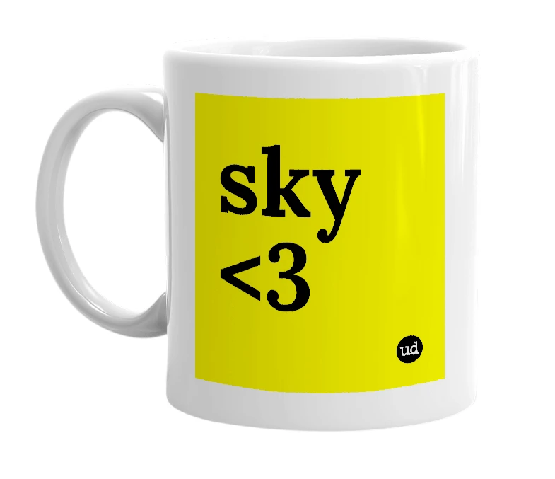 White mug with 'sky <3' in bold black letters