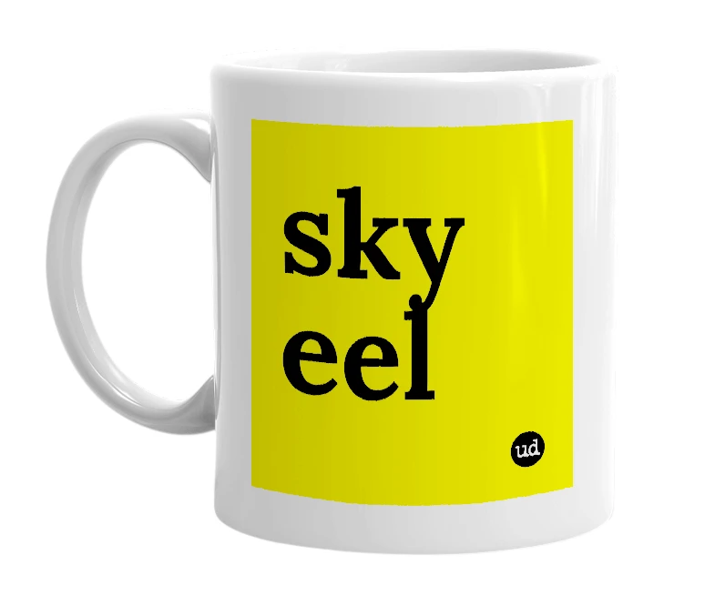 White mug with 'sky eel' in bold black letters