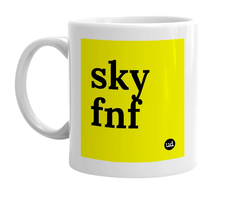 White mug with 'sky fnf' in bold black letters