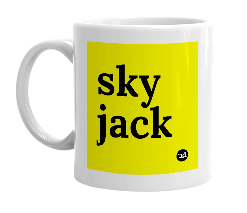 White mug with 'sky jack' in bold black letters