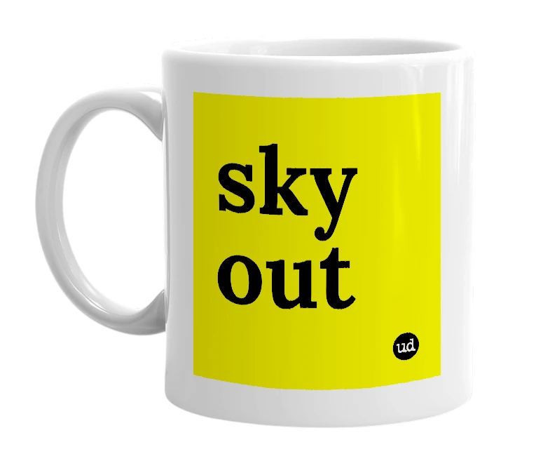 White mug with 'sky out' in bold black letters