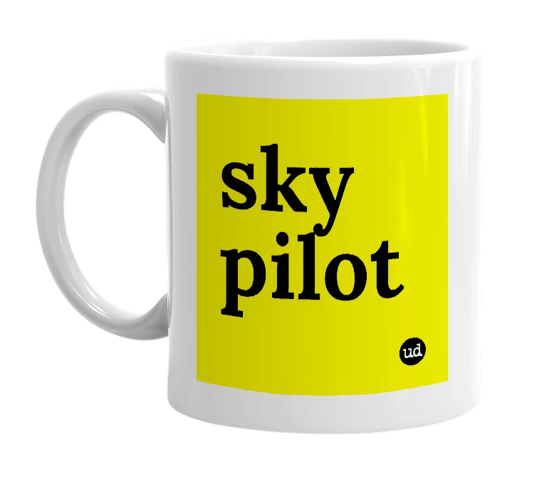 White mug with 'sky pilot' in bold black letters