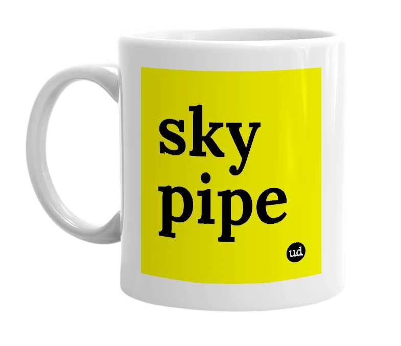 White mug with 'sky pipe' in bold black letters