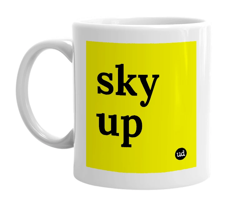 White mug with 'sky up' in bold black letters