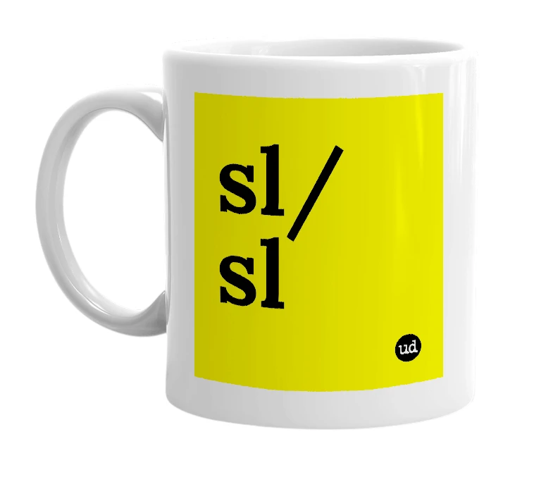 White mug with 'sl/sl' in bold black letters