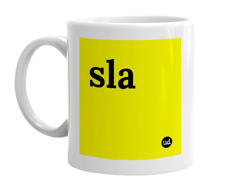 White mug with 'sla' in bold black letters