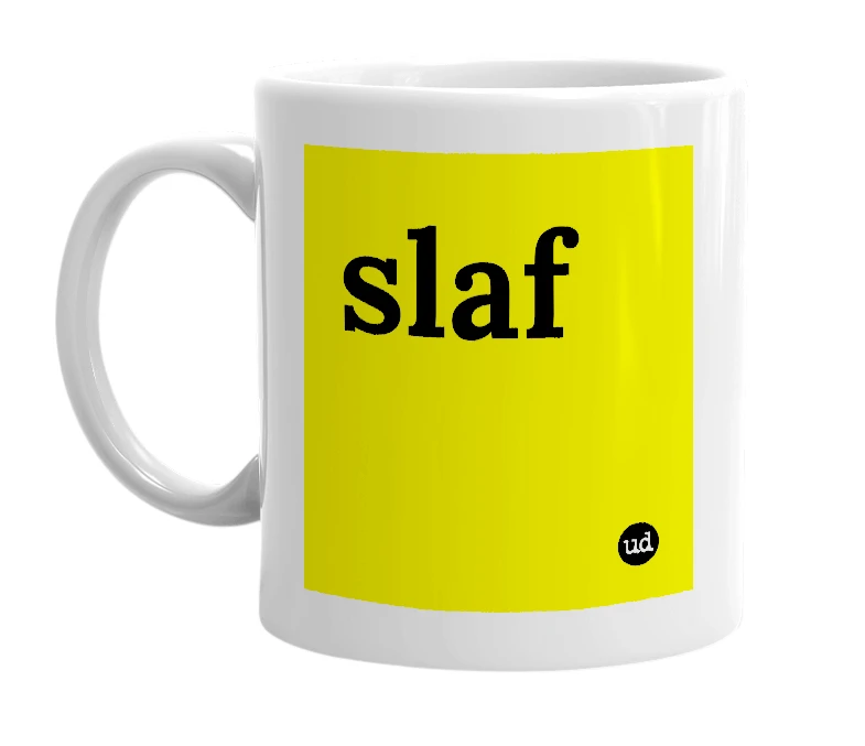 White mug with 'slaf' in bold black letters