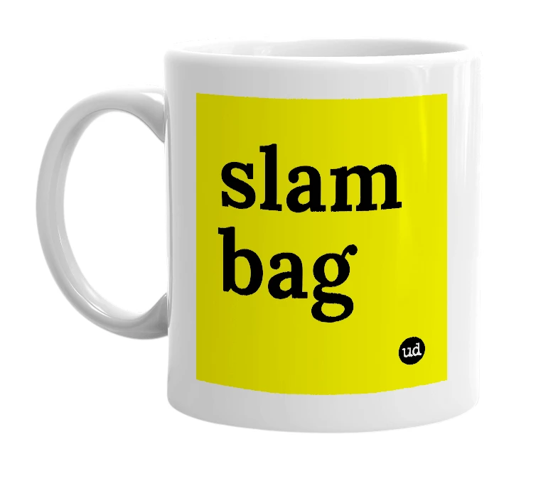 White mug with 'slam bag' in bold black letters