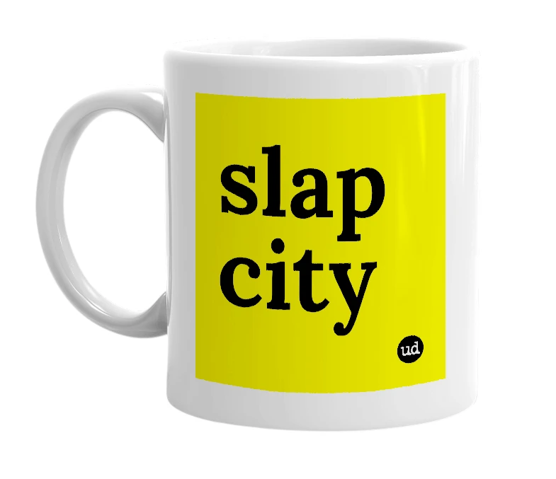 White mug with 'slap city' in bold black letters