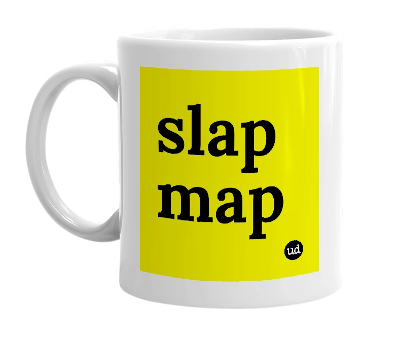 White mug with 'slap map' in bold black letters