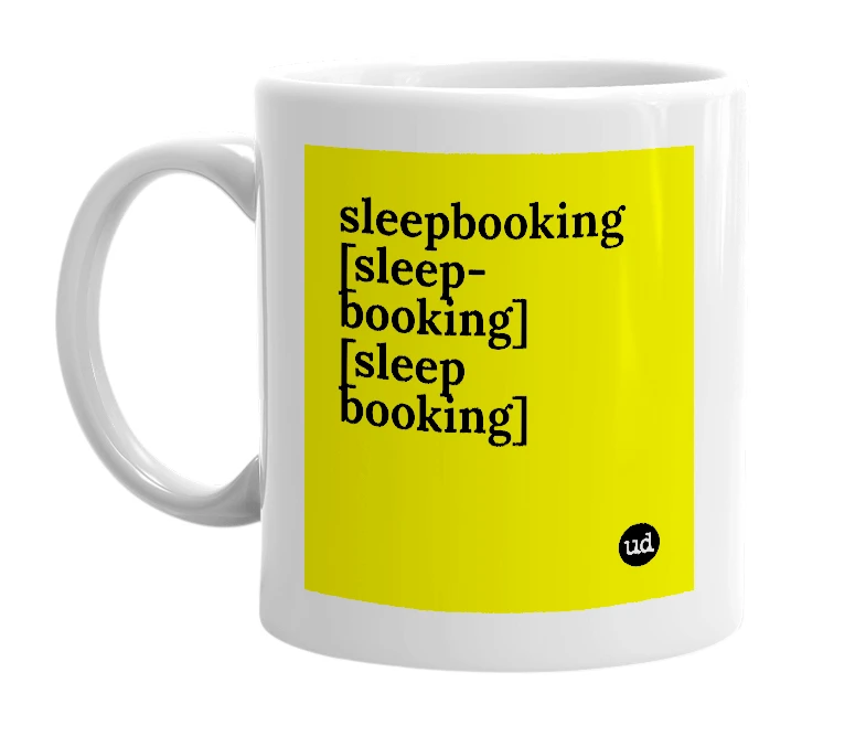 White mug with 'sleepbooking [sleep-booking] [sleep booking]' in bold black letters