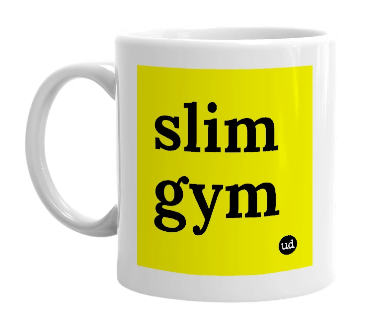 White mug with 'slim gym' in bold black letters