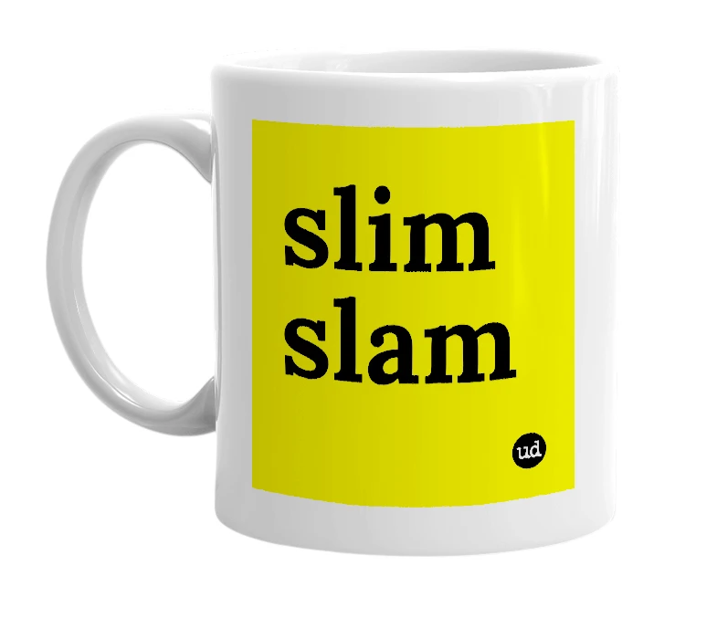 White mug with 'slim slam' in bold black letters