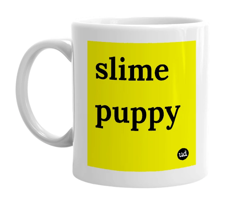 White mug with 'slime puppy' in bold black letters