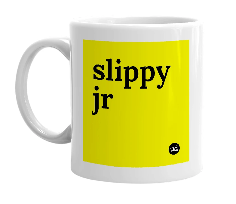 White mug with 'slippy jr' in bold black letters