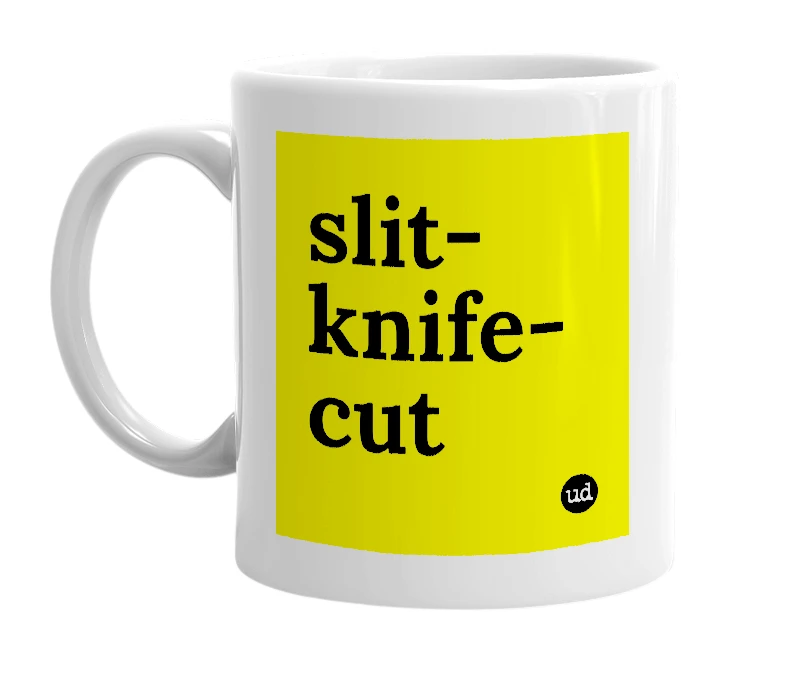 White mug with 'slit-knife-cut' in bold black letters