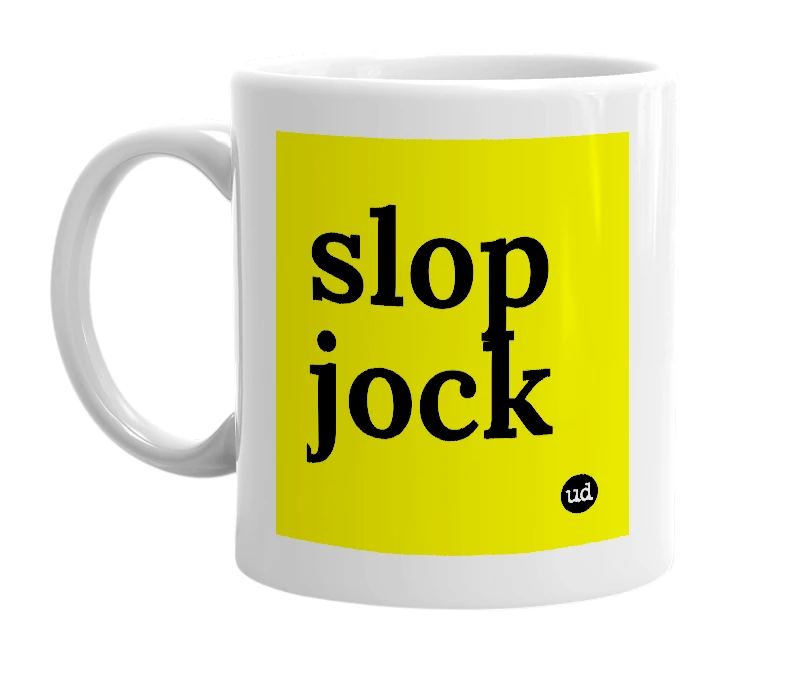 White mug with 'slop jock' in bold black letters