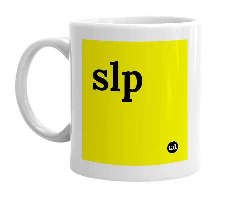 White mug with 'slp' in bold black letters