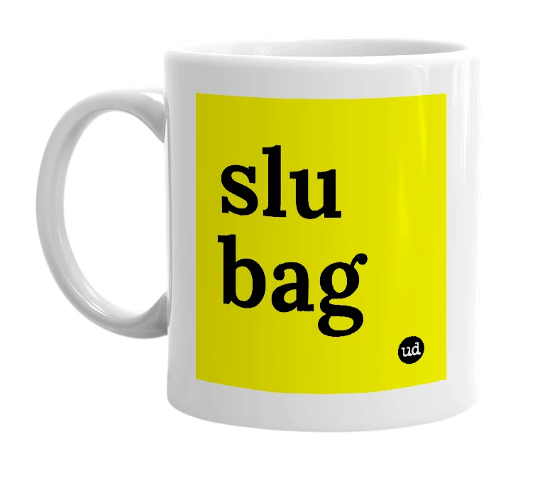 White mug with 'slu bag' in bold black letters