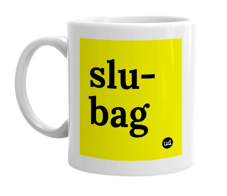 White mug with 'slu-bag' in bold black letters