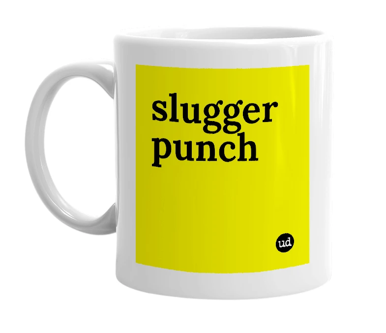 White mug with 'slugger punch' in bold black letters