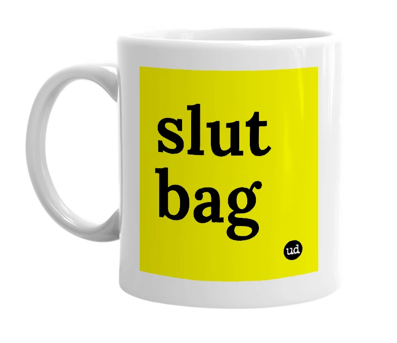 White mug with 'slut bag' in bold black letters