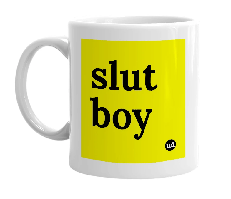 White mug with 'slut boy' in bold black letters