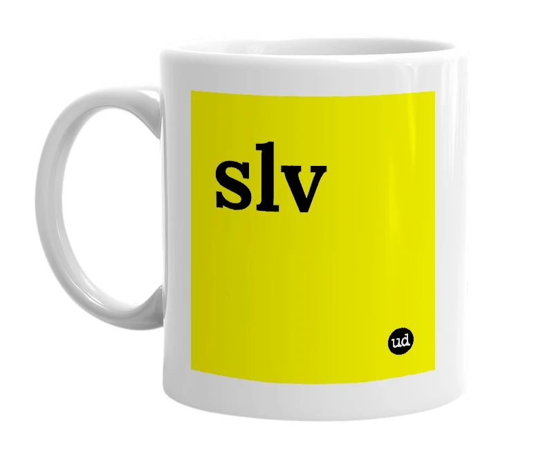 White mug with 'slv' in bold black letters