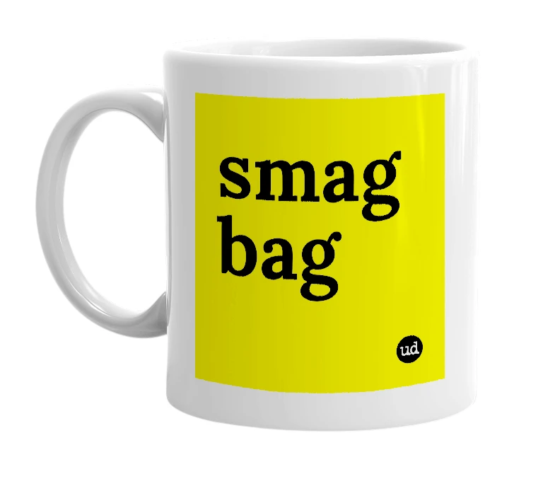 White mug with 'smag bag' in bold black letters