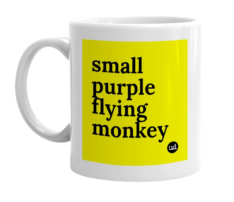 White mug with 'small purple flying monkey' in bold black letters