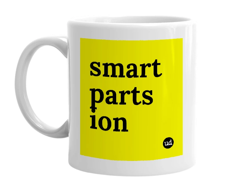 White mug with 'smart parts ion' in bold black letters