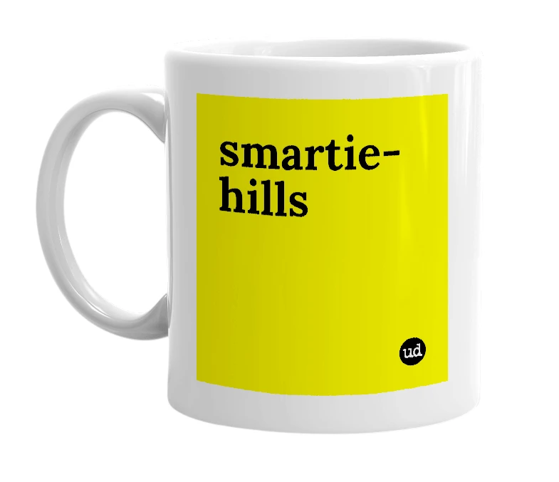 White mug with 'smartie-hills' in bold black letters