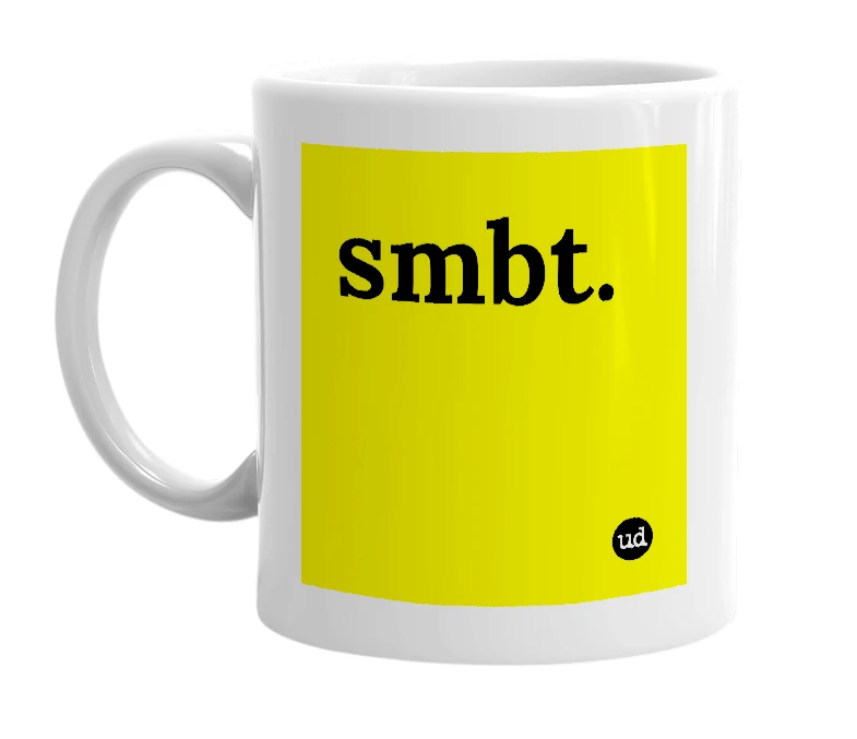 White mug with 'smbt.' in bold black letters