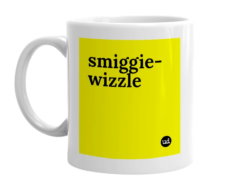 White mug with 'smiggie-wizzle' in bold black letters