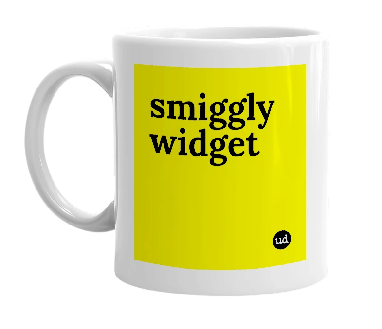 White mug with 'smiggly widget' in bold black letters