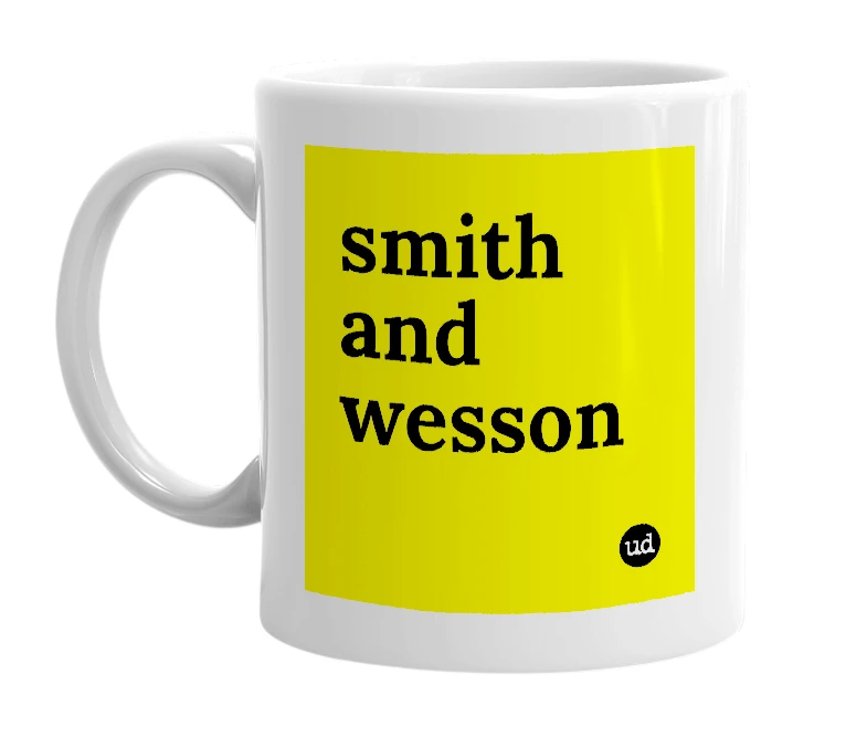 White mug with 'smith and wesson' in bold black letters