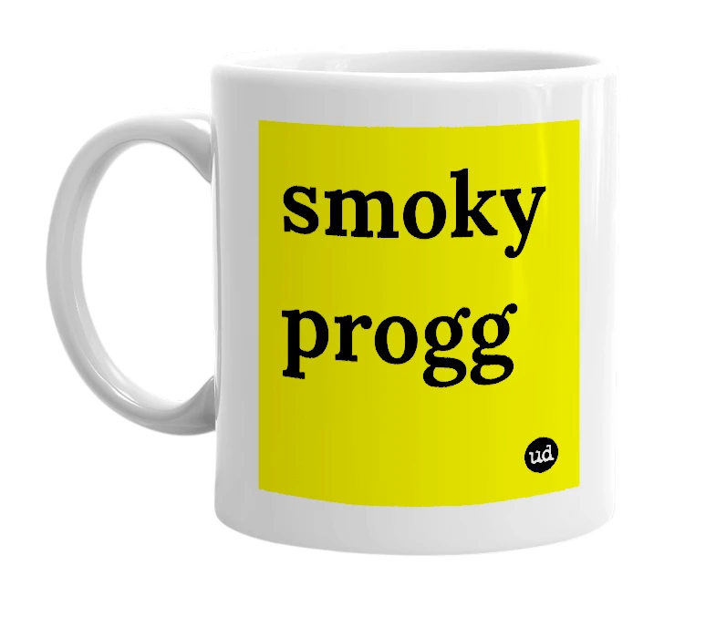 White mug with 'smoky progg' in bold black letters