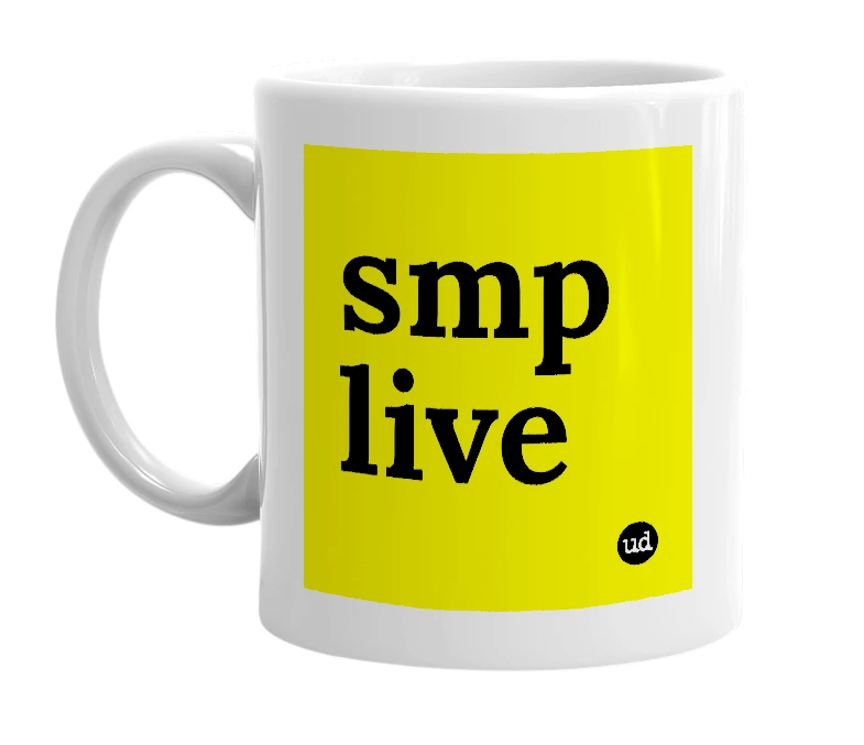 White mug with 'smp live' in bold black letters