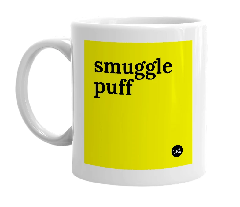 White mug with 'smuggle puff' in bold black letters