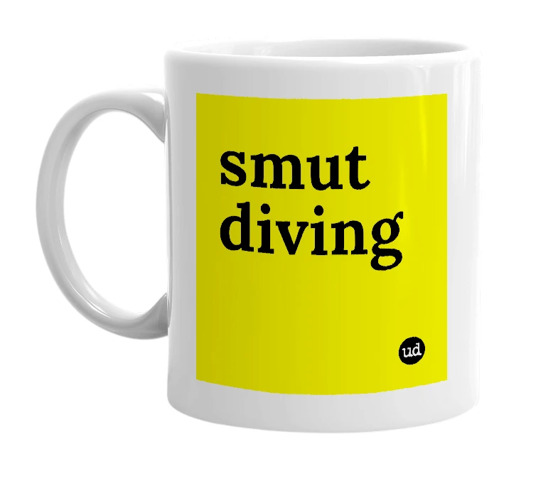 White mug with 'smut diving' in bold black letters