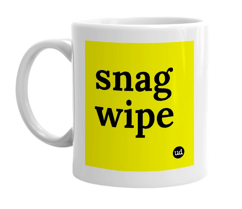 White mug with 'snag wipe' in bold black letters