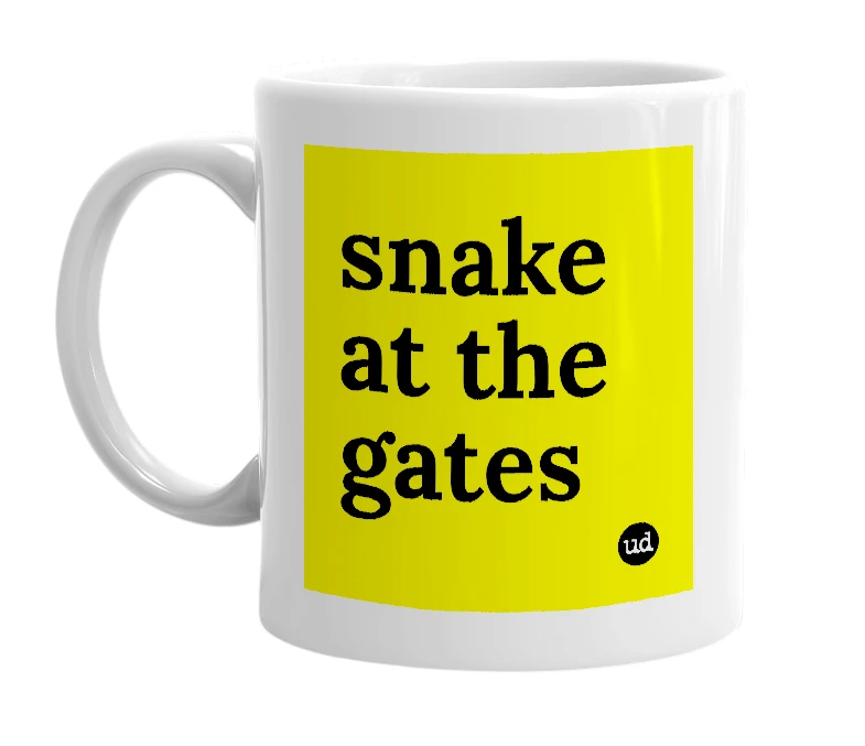 White mug with 'snake at the gates' in bold black letters