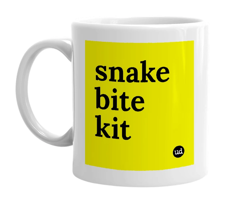 White mug with 'snake bite kit' in bold black letters