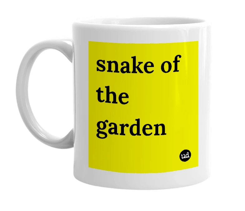White mug with 'snake of the garden' in bold black letters