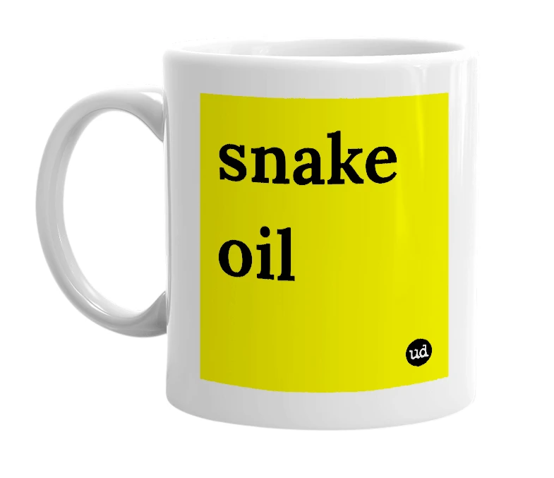 White mug with 'snake oil' in bold black letters
