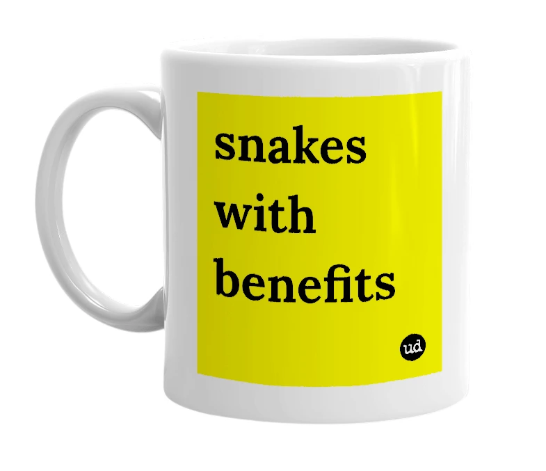 White mug with 'snakes with benefits' in bold black letters