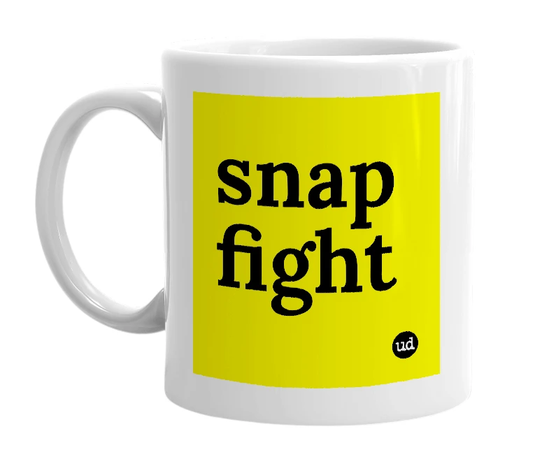 White mug with 'snap fight' in bold black letters